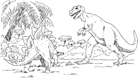 Tyrannosaurus And Stegosaurus Coloring Page